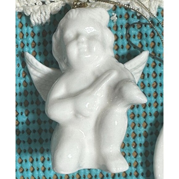 Porcelain Cherub Angel Christmas Ornaments Set White Hanging - Picture 6 of 11